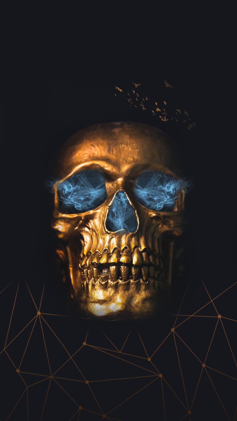 Golden skull with glowing blue smoke pouring from eyes under a flock of flying birds against a dark background.