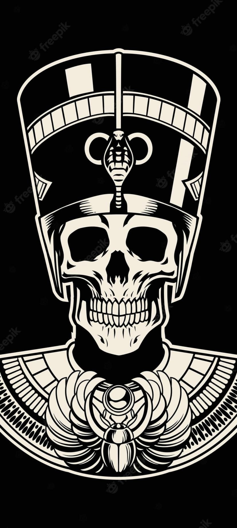 Pharaoh skull with a striped nemes headdress, cobra uraeus, and ornate scarab beetle in black and white ink style.