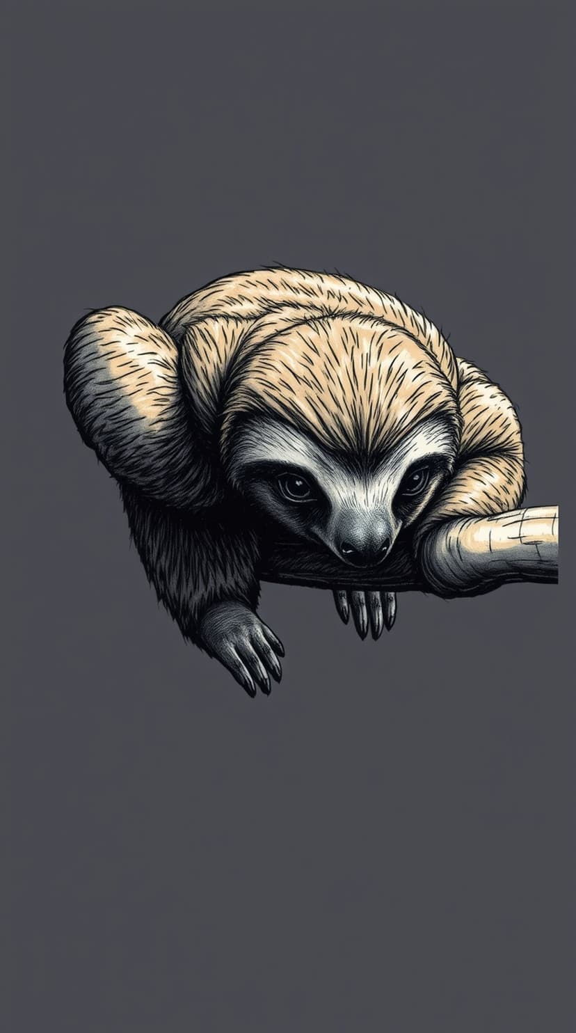 Brown sloth with dark facial markings hangs from a thick tree branch against a minimalist dark grey background.