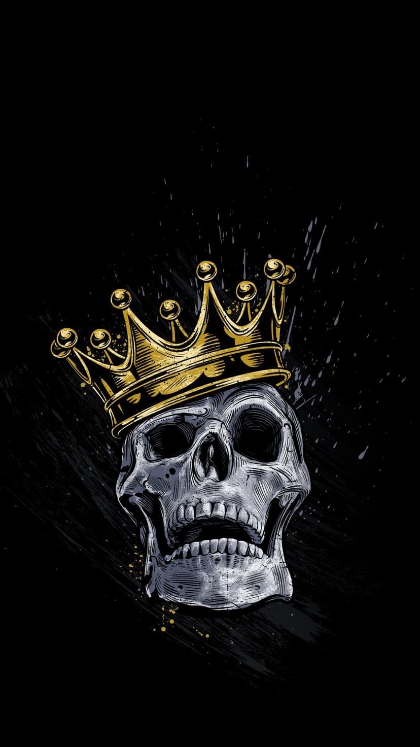 Weathered human skull wearing an ornate spiked golden crown against a dark textured background with splatters.