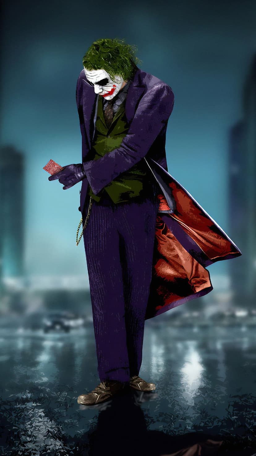 Heath Ledger's Joker in a purple coat holds a playing card on a rainy street with reflective city lights.
