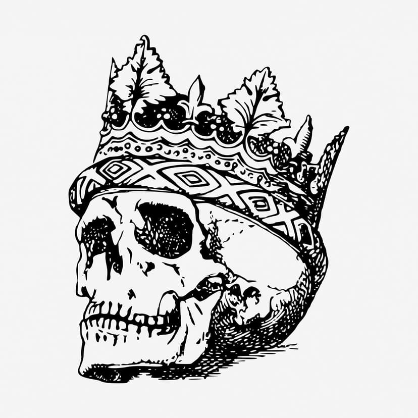 Human skull wearing an ornate jeweled crown with intricate leaf patterns against a plain white background.