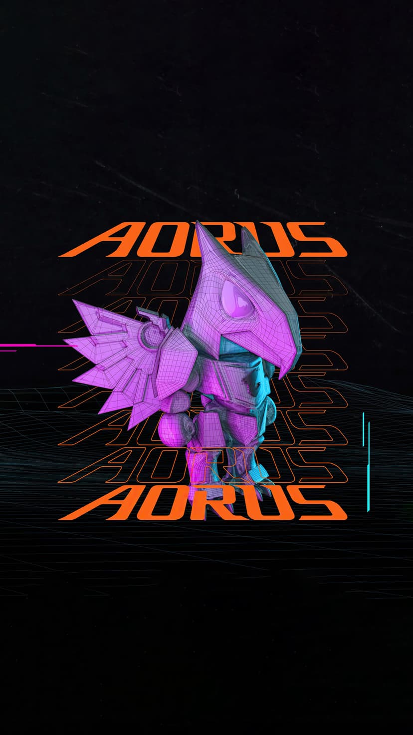 AORUS eagle mascot with purple wireframe lines and orange brand lettering on a dark textured mobile background.