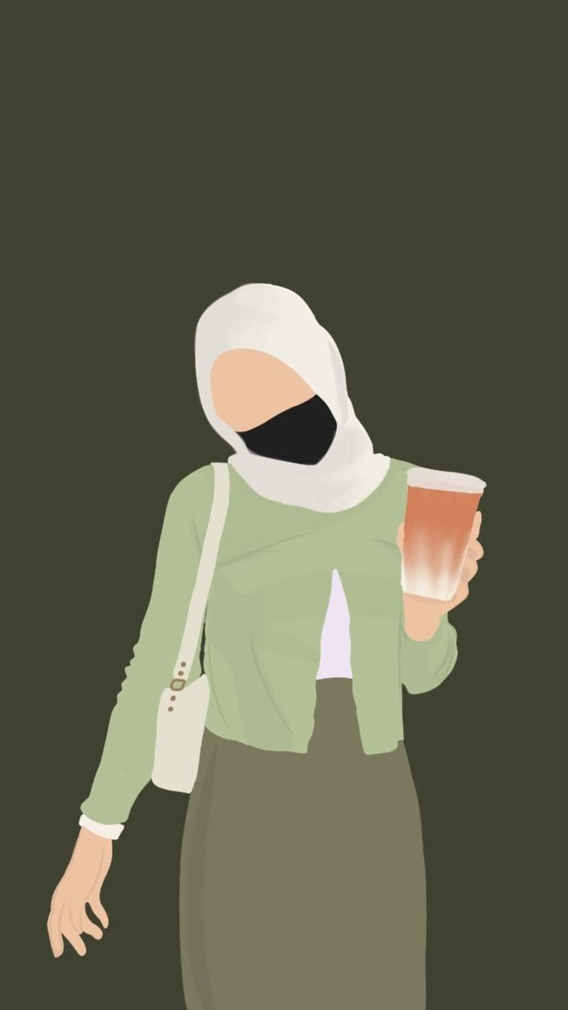 Woman in a white hijab and green cardigan holds a coffee cup while wearing a black mask and crossbody bag.