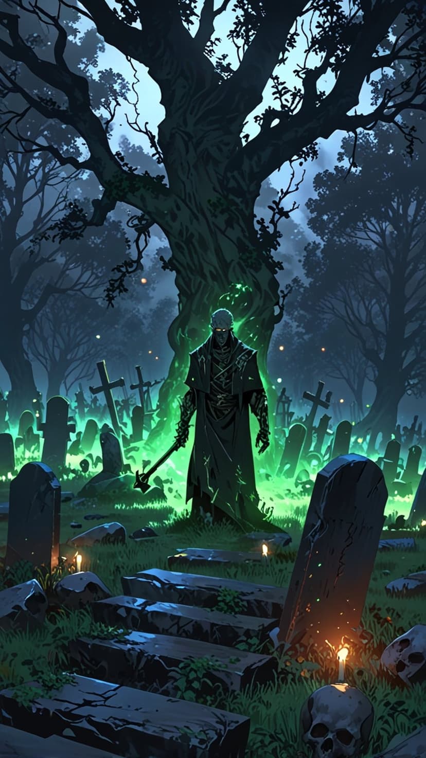 Grim reaper with a glowing green aura stands among tombstones and skulls in a dark, foggy gothic cemetery.
