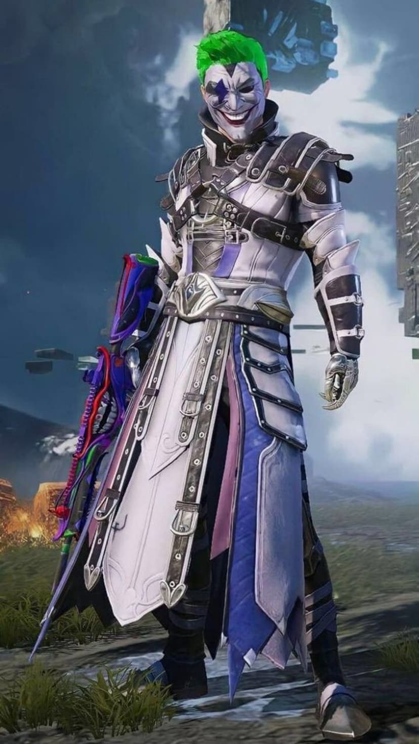 Joker-inspired character with green hair wears white armor and holds a glowing purple gun in a misty wasteland.