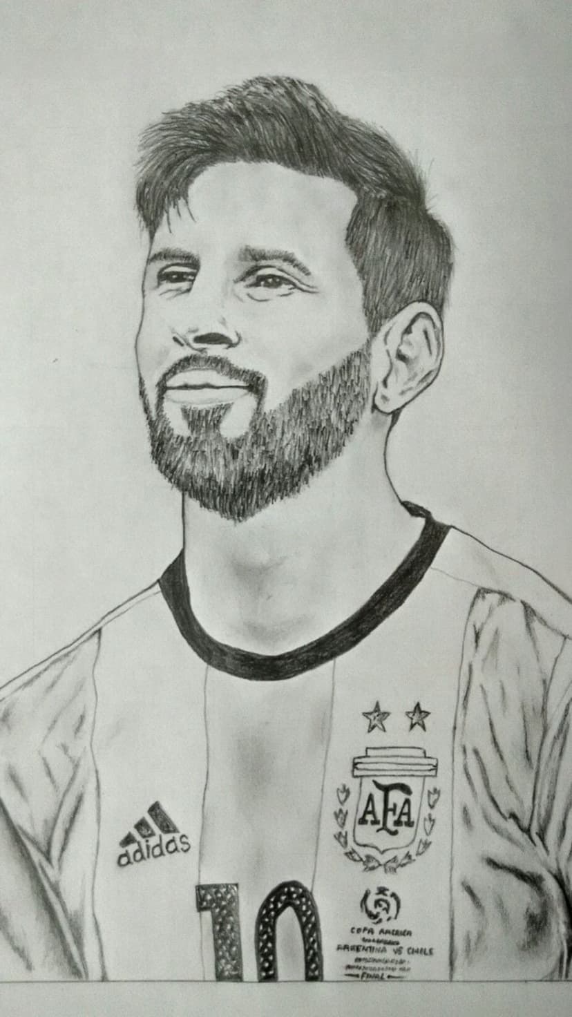 Lionel Messi wearing the Argentina number ten jersey with a focused expression and finely textured beard and hair.