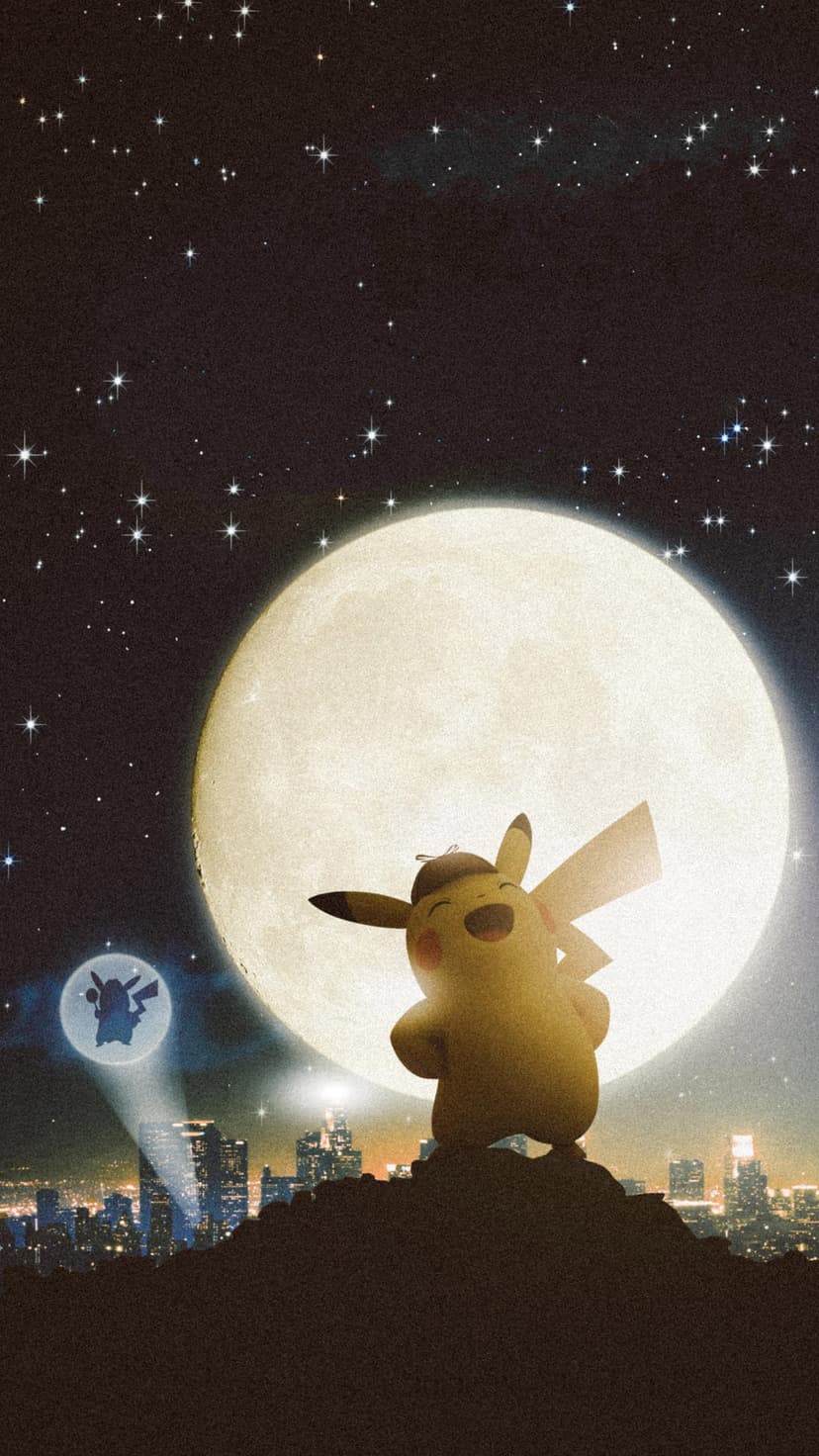 Pikachu wearing a detective hat sits on a grassy hill before a glowing city and massive moon in a night sky.