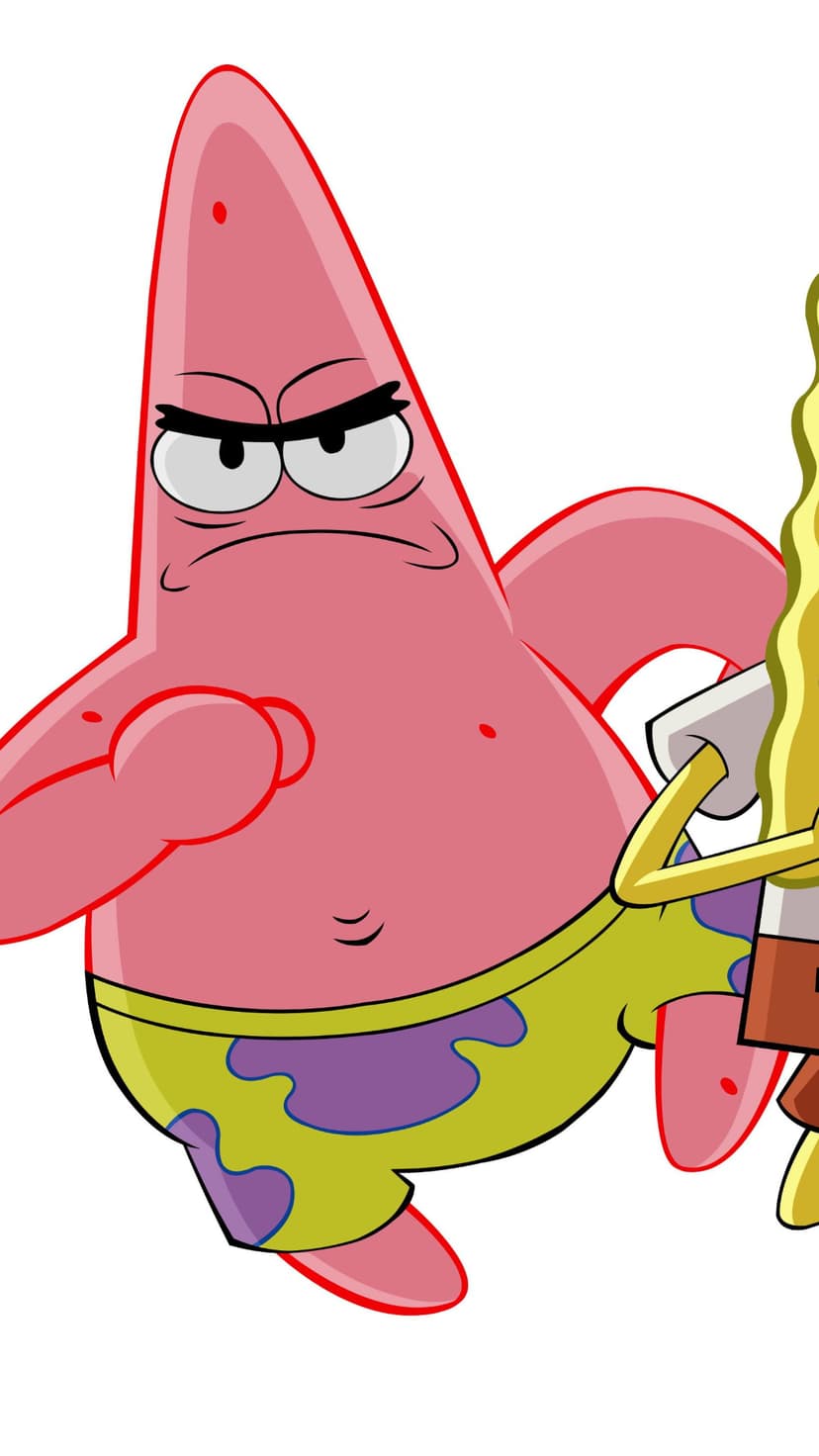 Patrick Star with a stern gaze stands beside a smiling SpongeBob SquarePants in a bright underwater scene.