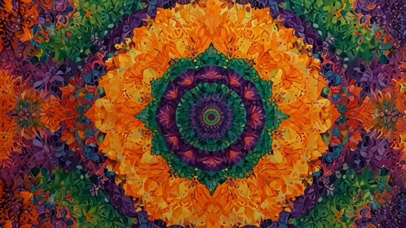 Symmetrical mandala pattern woven with vibrant purple, green, and orange threads in a radial textile design.