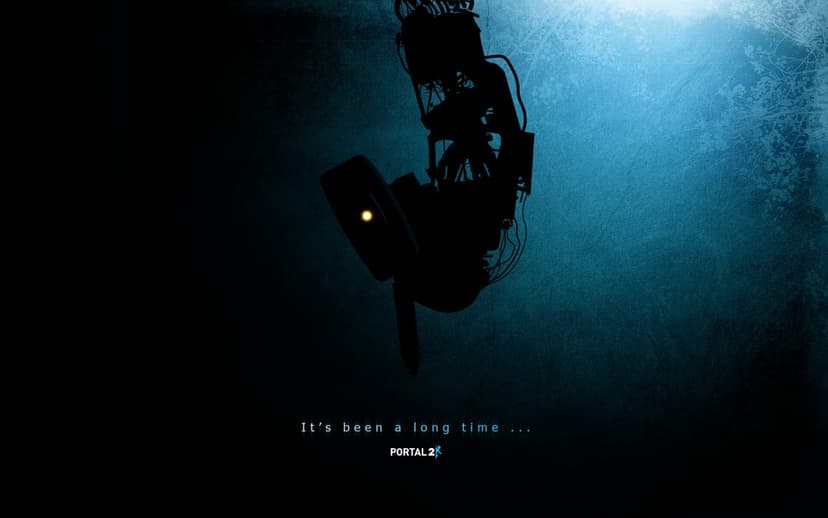 GLaDOS robotic silhouette with a glowing yellow eye against a textured blue wall with Portal 2 game text.