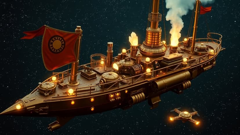 Brass airship with glowing portholes floats through a star-filled nebula beside a small hovering scout drone.