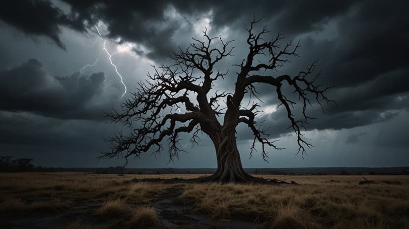 Barren tree stands in a dry field under dark clouds while bright lightning bolts strike the horizon at night.