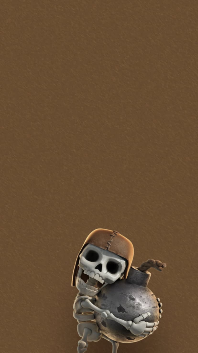 Skeleton clutching a massive black bomb against a textured brown background in a vertical phone screen layout.