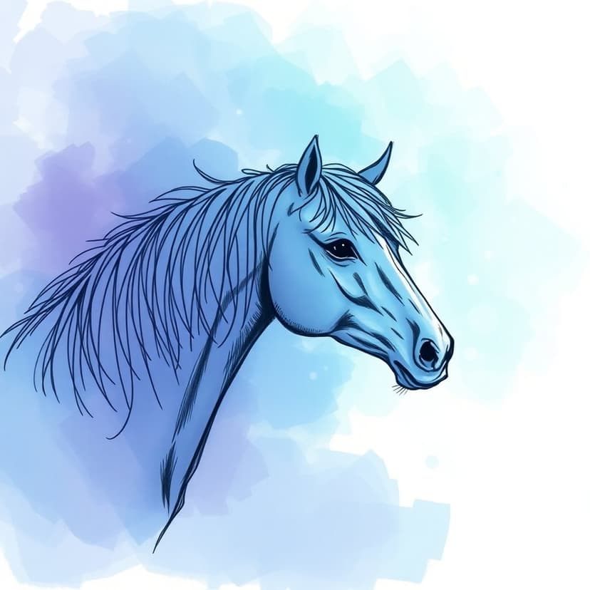 Horse head profile with a flowing mane surrounded by blue and purple watercolor paint splatters and soft textures.