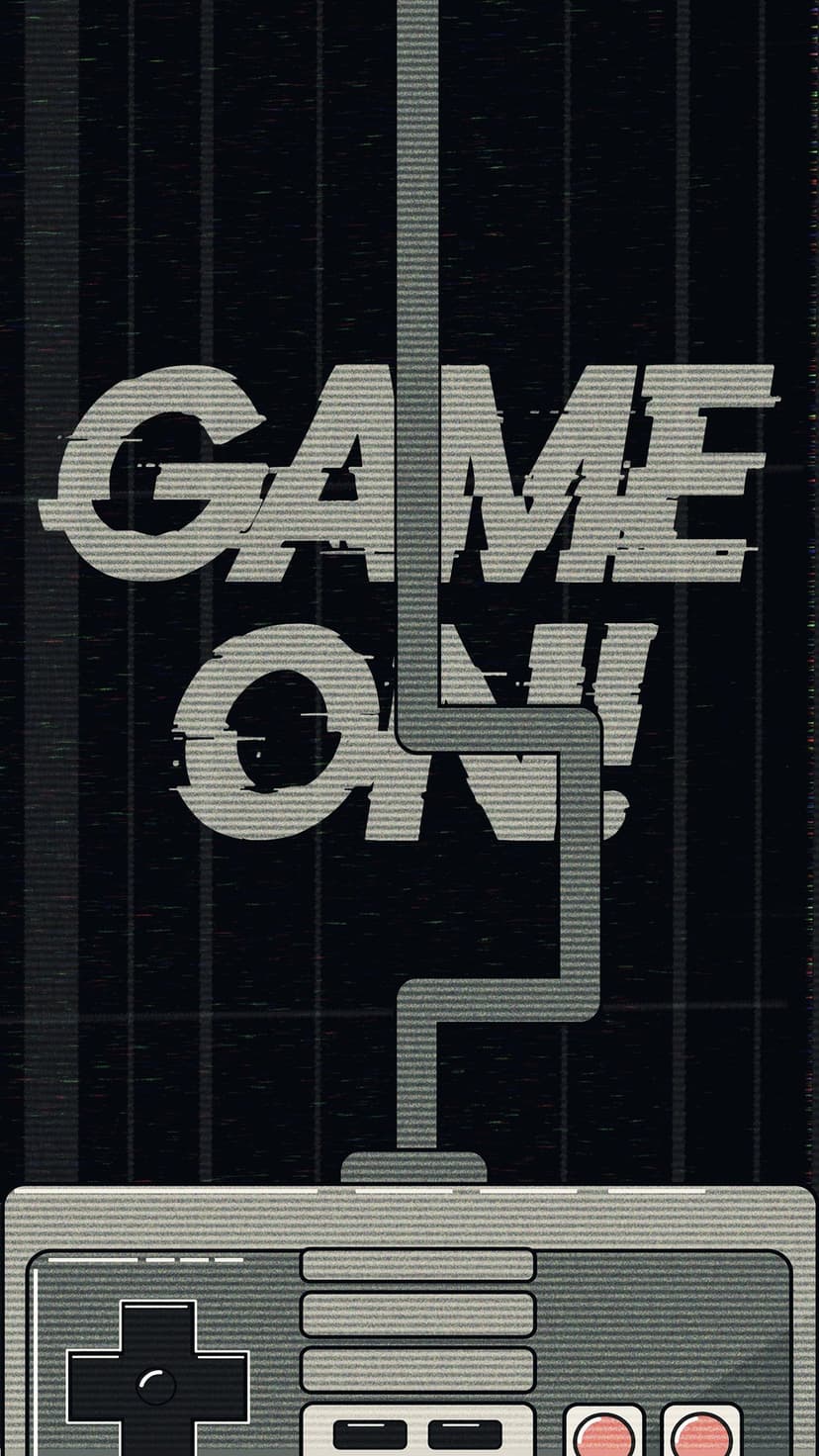 Vintage game controller with bold Game On lettering set against a dark textured mobile background.