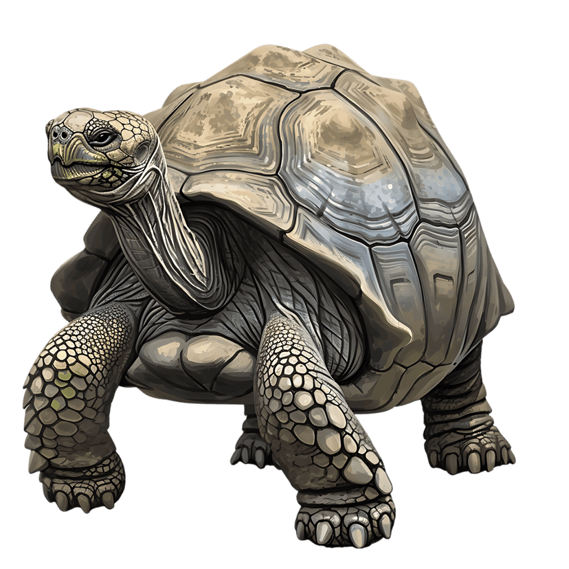 Galapagos tortoise with a dark textured shell and scaly skin stands in profile against a solid black background.