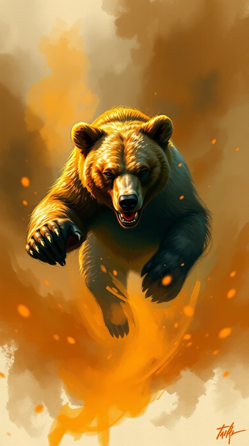 Grizzly bear with open mouth and sharp claws charging through thick orange smoke, embers, and golden light.