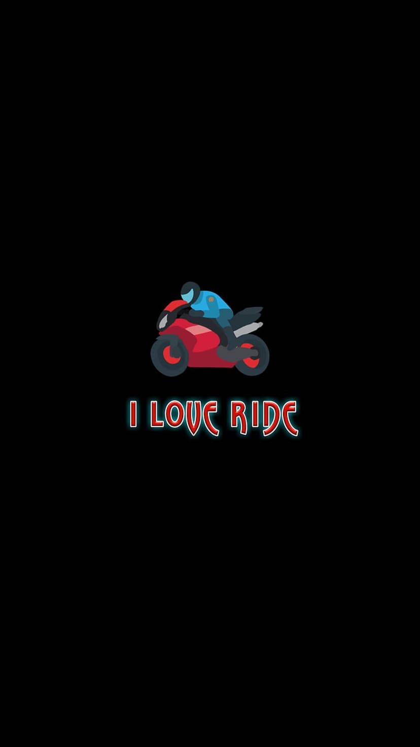 Person riding a red motorcycle above I Love Ride text featuring red and blue outlines on a black background.