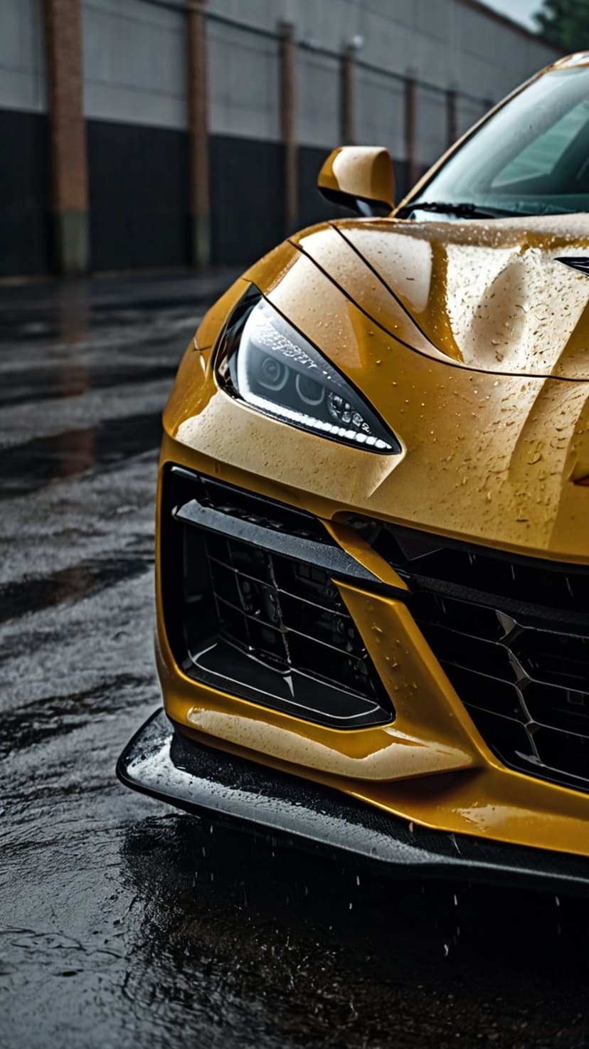 Yellow Corvette C8 parked on wet asphalt with rain droplets on the hood and glowing LED headlights at dusk.