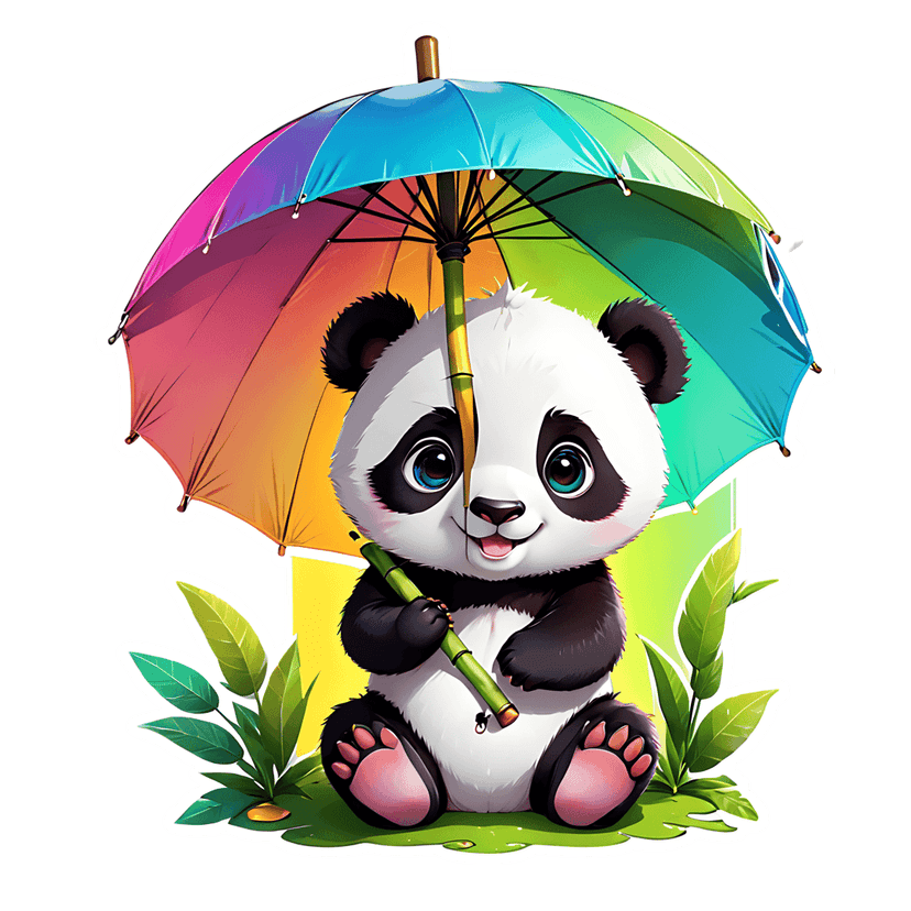 Panda sticker illustration sits under a rainbow umbrella holding bamboo against a green gradient background.