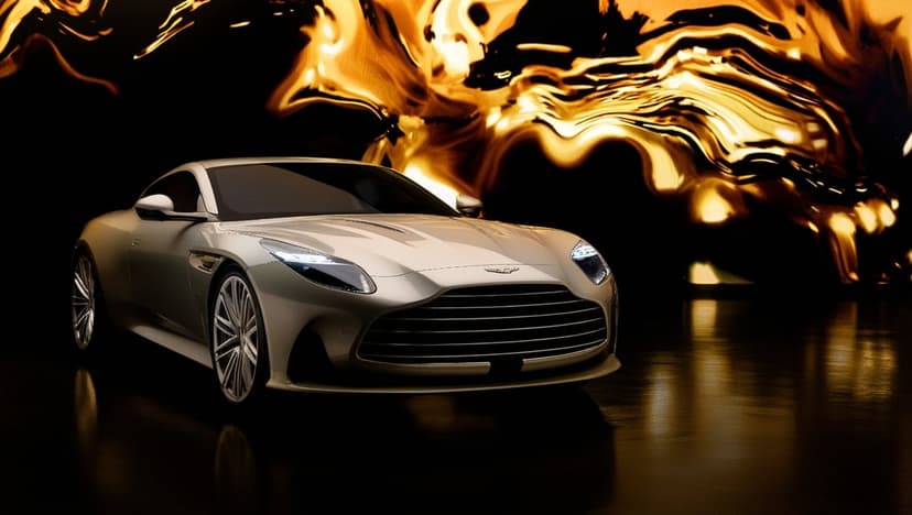 Silver Aston Martin DB11 sports car set against a swirling abstract background of golden fire and orange light.