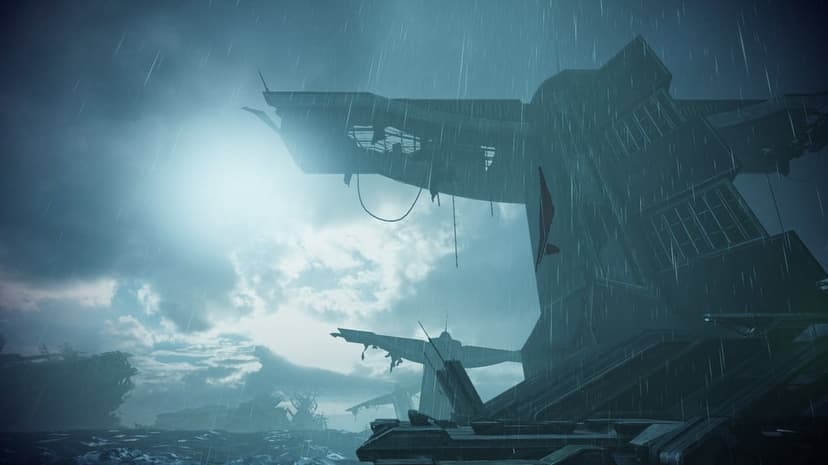 Futuristic ruined tower with a red banner standing in heavy rain under a pale sun breaking through dark clouds.