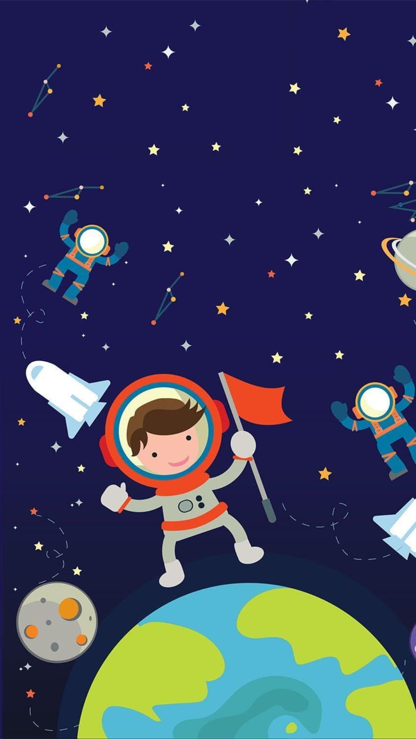 Chibi astronauts float near colorful planets and stars against a deep blue starry cosmos in vertical format.