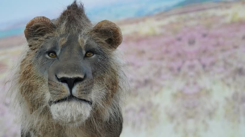 Lion head with a dense mane and piercing amber eyes centered against a soft-focus grassland background.