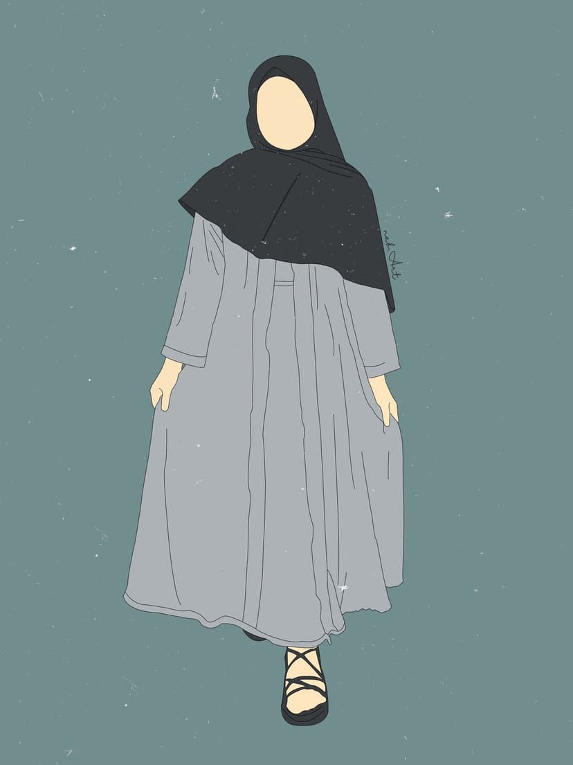 Woman in a black hijab and flowing grey dress stands against a speckled teal background with flat art style.