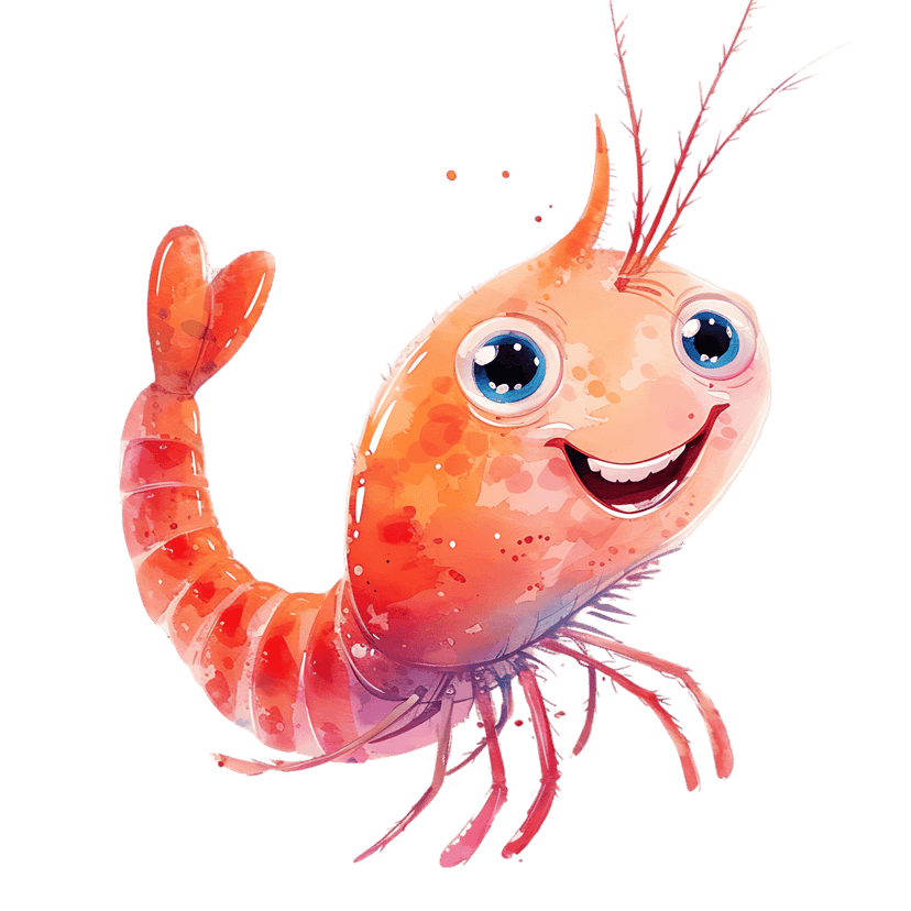 Watercolor shrimp illustration featuring orange scales and blue eyes isolated against a stark black background.
