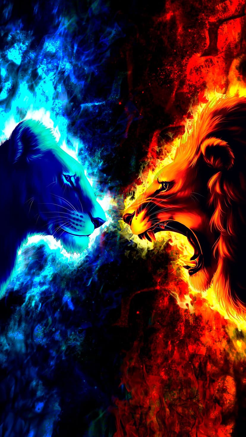 Two roaring lions made of blue ice and red fire facing each other with glowing manes and intense primal energy.