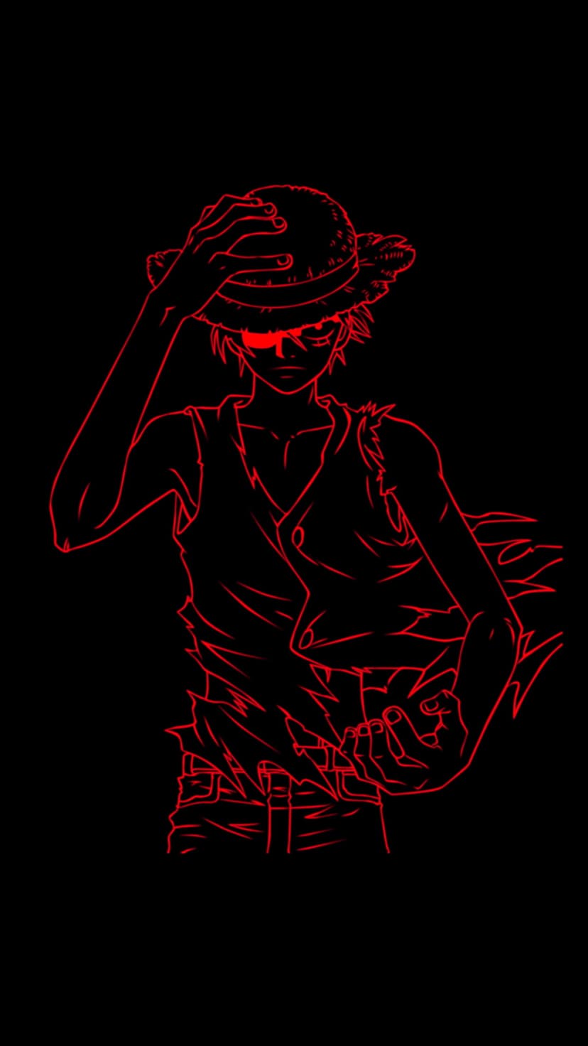 Luffy wearing a straw hat with glowing red neon outlines defining his face against a solid black background.