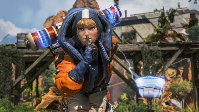 Wattson from Apex Legends shushing with glowing blue electrical pylons in a lush outdoor gaming environment.