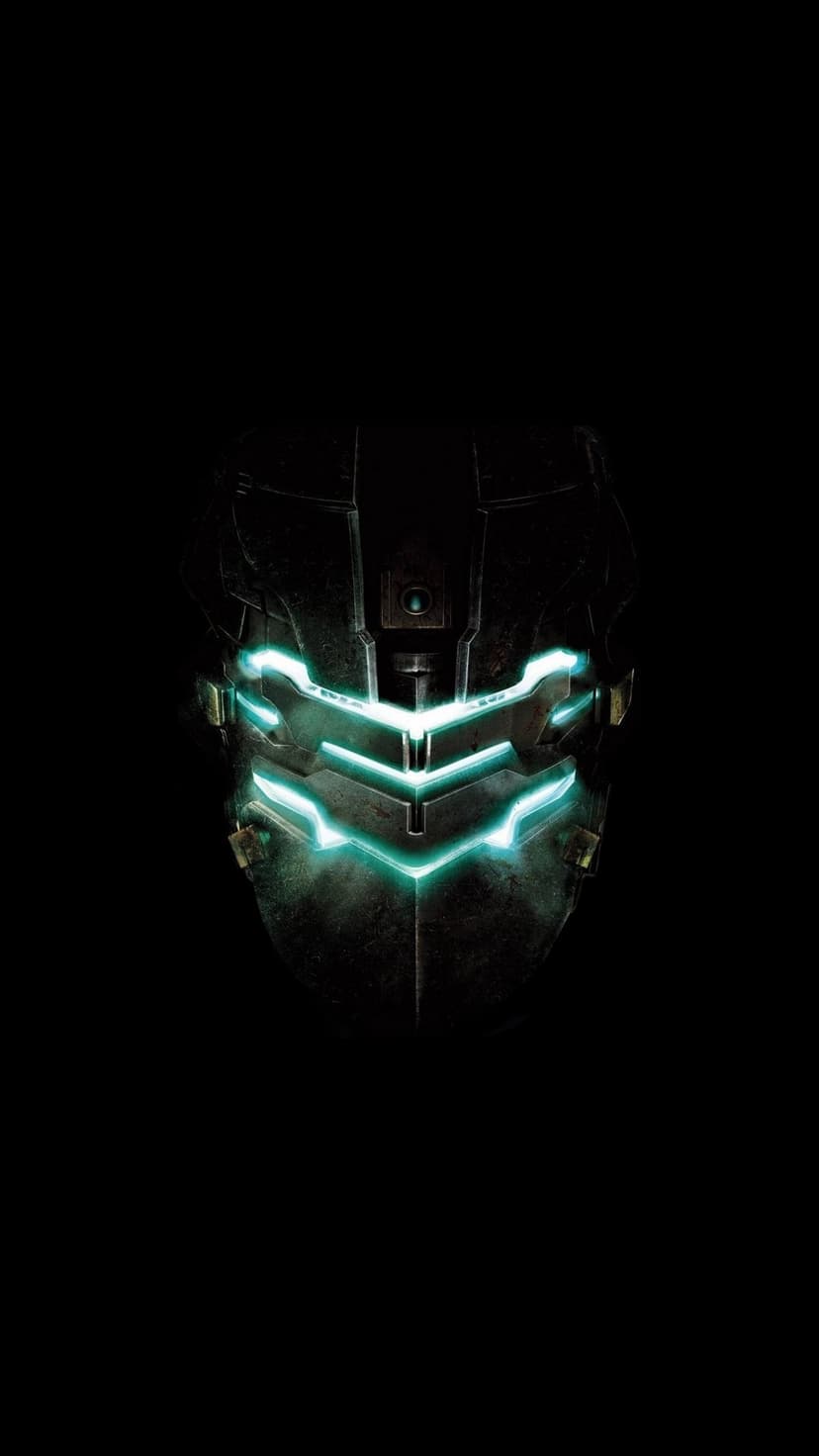 Close up of Isaac Clarke's metallic engineering helmet with three glowing cyan visor slits in the dark.