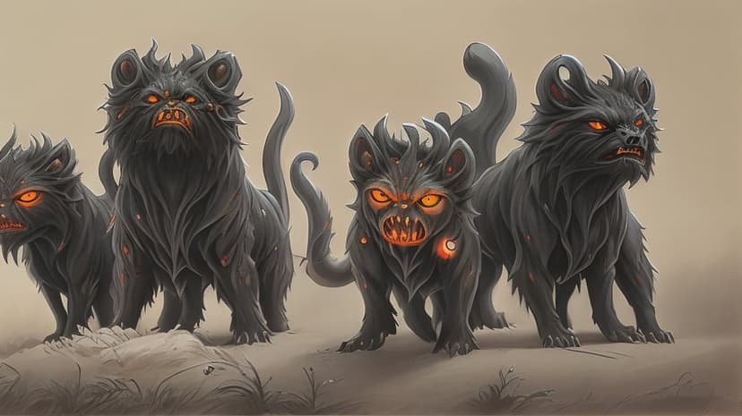 Four black creatures with glowing orange eyes and sharp teeth stand in a row across a sandy sepia landscape.