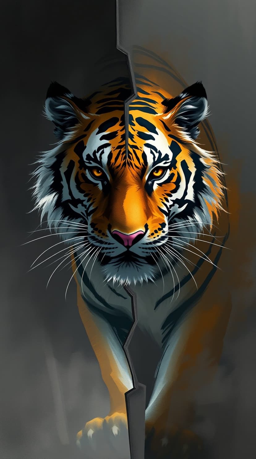 Tiger face with orange and black fur stripes bisected by a sharp diagonal line against a dark, moody background.