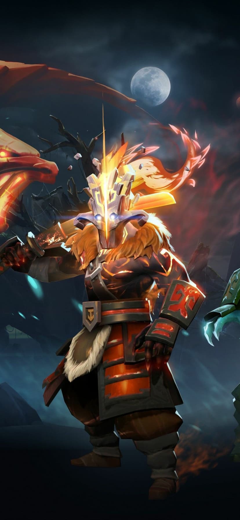 Warrior in glowing fire armor holding a sword over his shoulder under a full moon in a dark night sky.