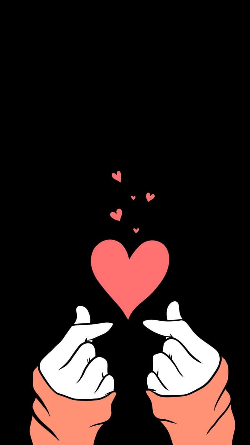 Hands forming a finger heart gesture with pink glowing hearts floating against a solid black background.