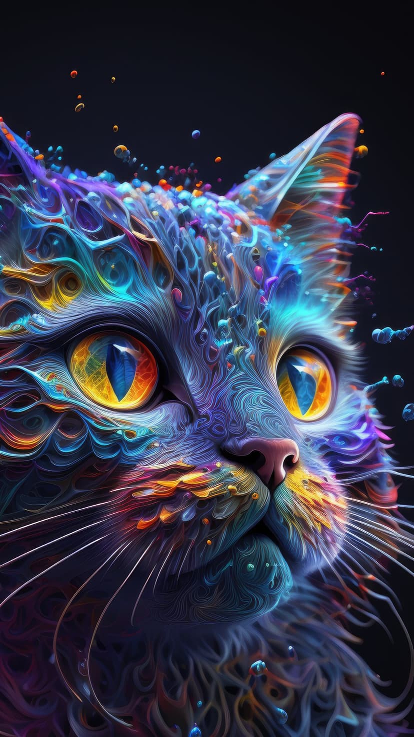 Feline face with glowing eyes and colorful swirling liquid patterns in shades of blue, orange, and purple.