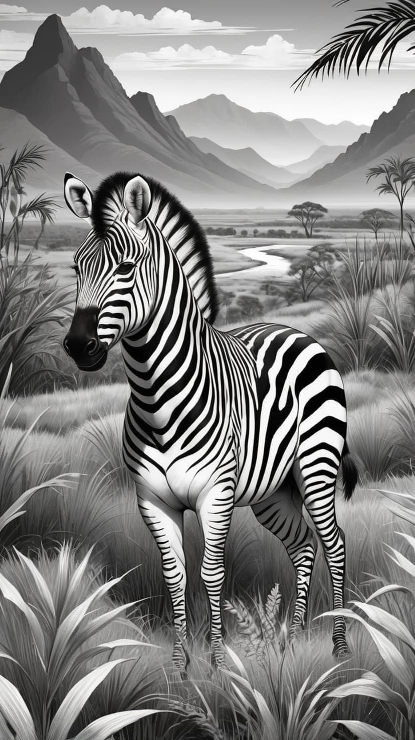 Zebra stands in tall grass with a winding river and mountains behind it in a black and white savanna landscape.