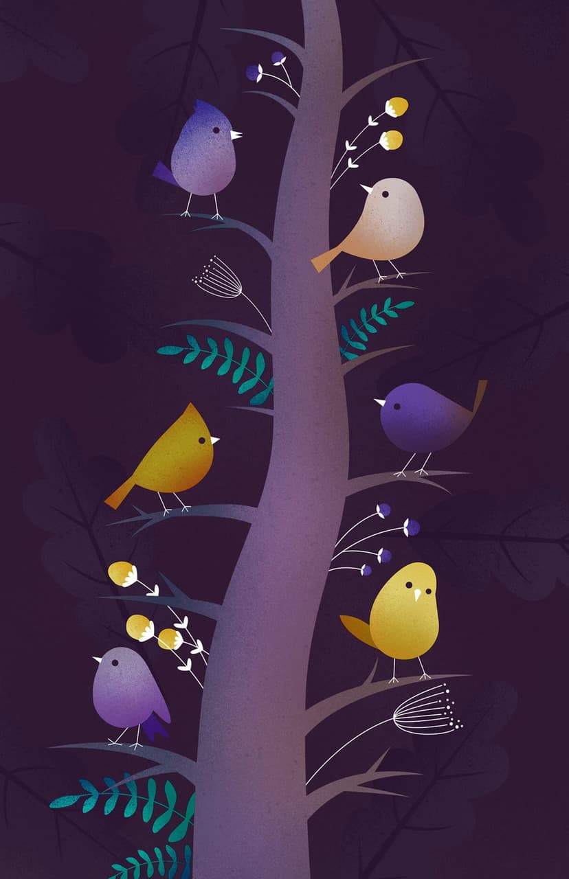 Colorful stylized birds perch on the twisting branches of a glowing mystical tree against a dark night sky.