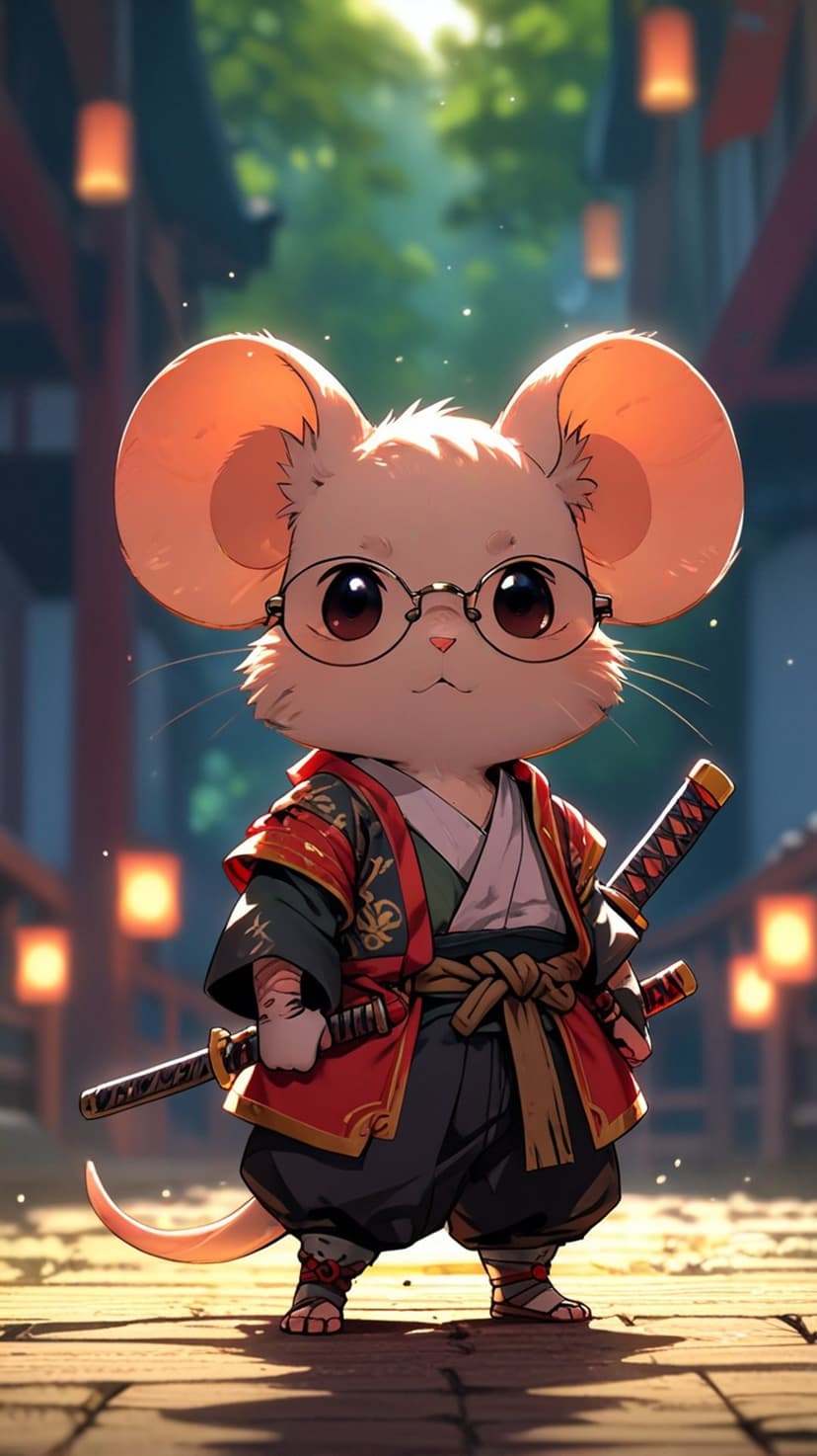 Mouse samurai wearing glasses and traditional robes holds two swords amidst glowing lanterns and garden trees.