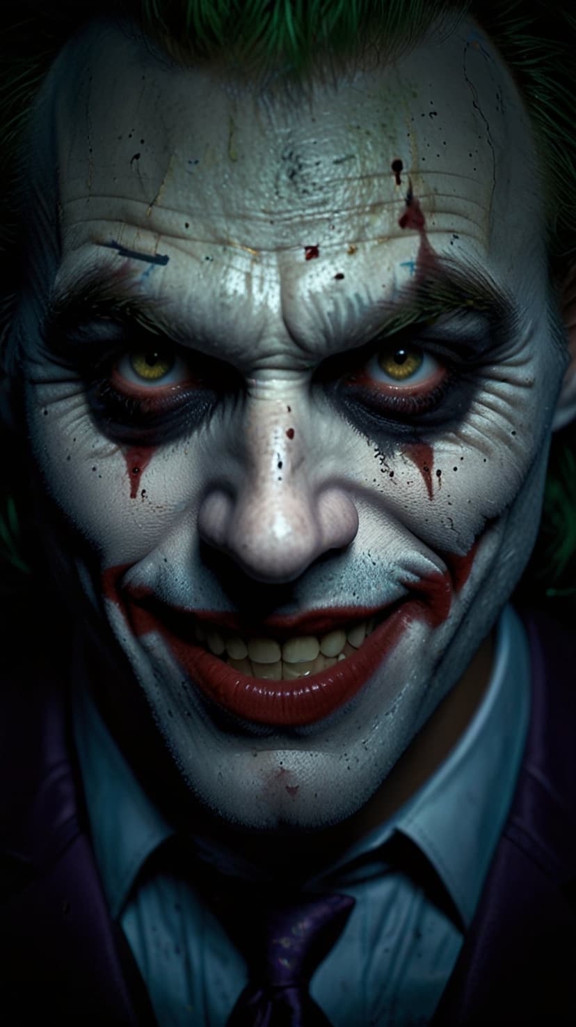 Joker face with smeared white paint, a wide red grin, blood splatters, and yellow eyes in a vertical portrait.