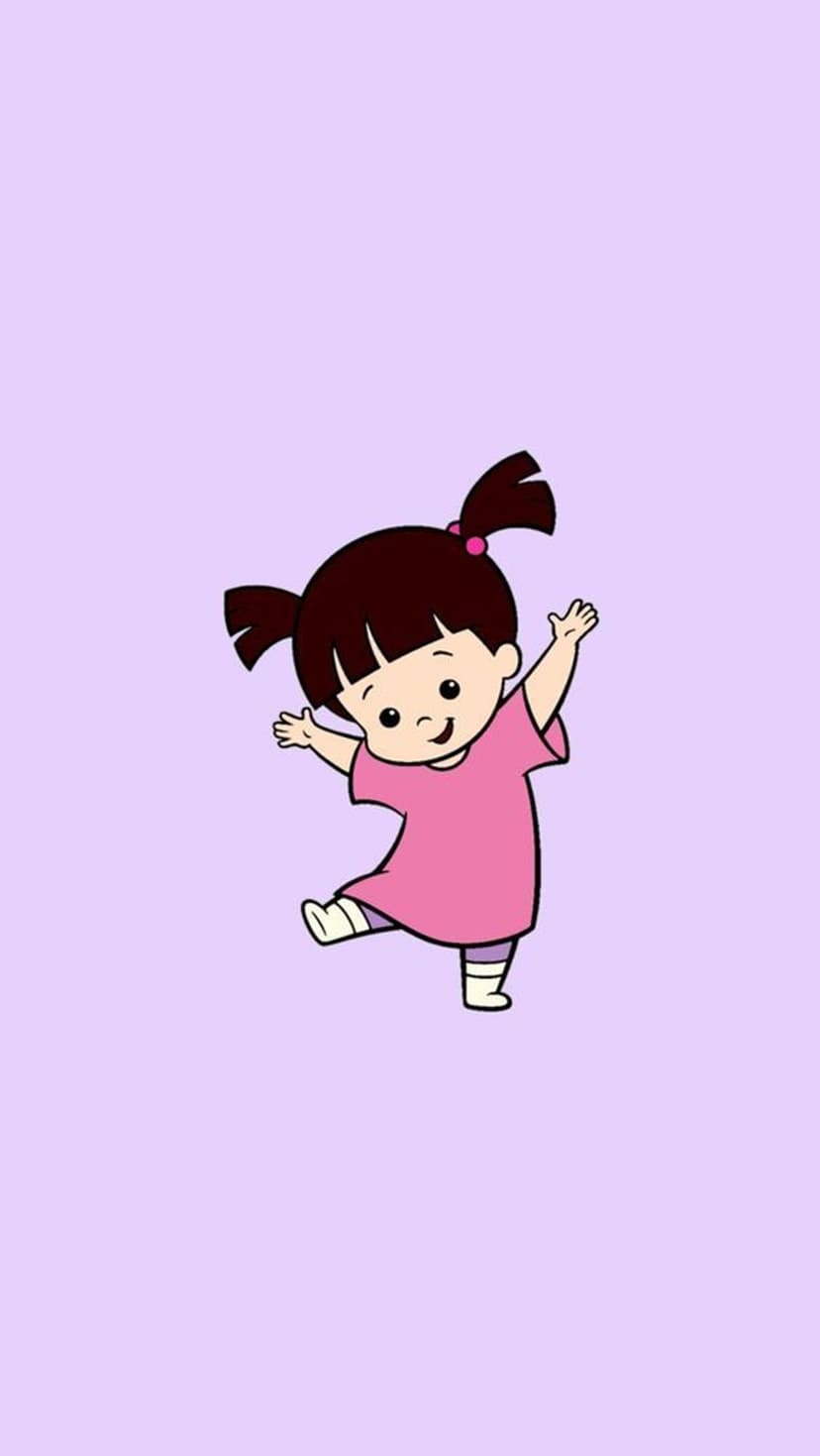 Boo from Monsters Inc wears a pink nightgown with pigtails raised while posing against a solid purple background.