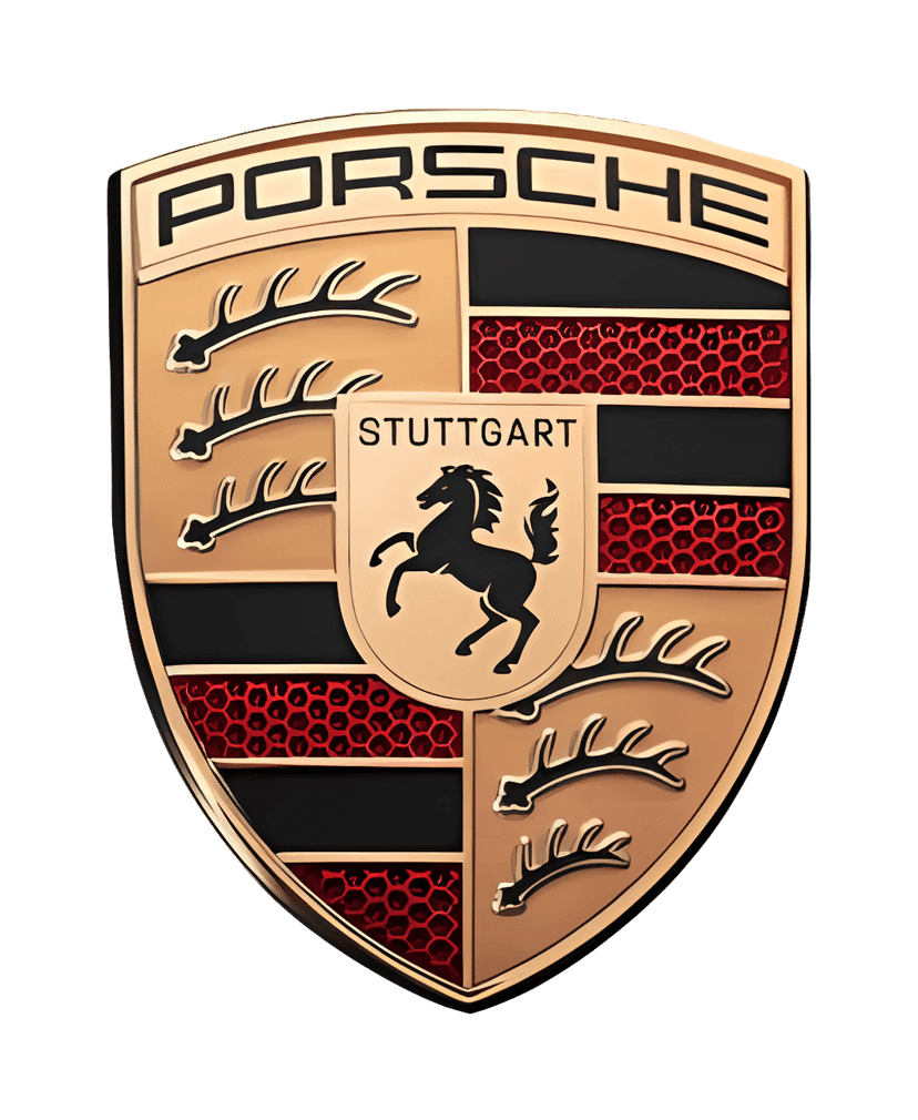 Porsche logo crest featuring gold metallic borders, red and black stripes, and a central black horse icon.