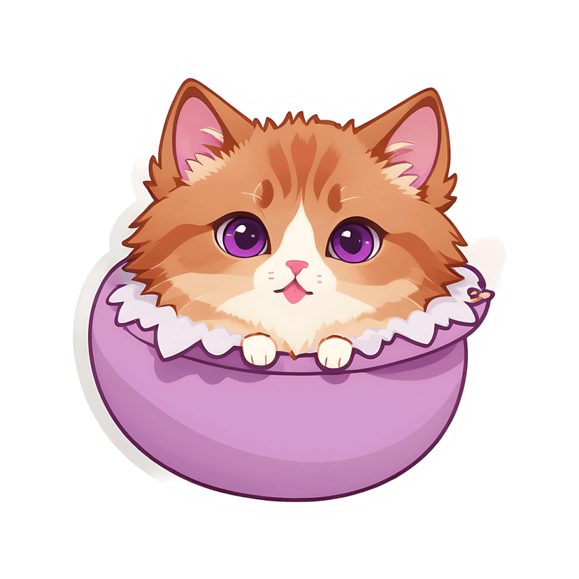 Orange kitten peeking from a purple pot features large violet eyes and fluffy fur textures with white borders.