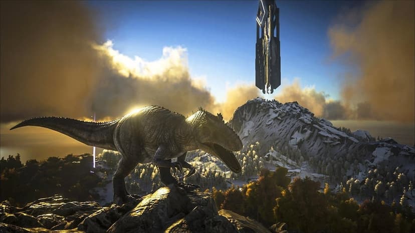 Giganotosaurus standing on a rocky peak overlooking a snowy mountain valley with a floating sci-fi tower above.