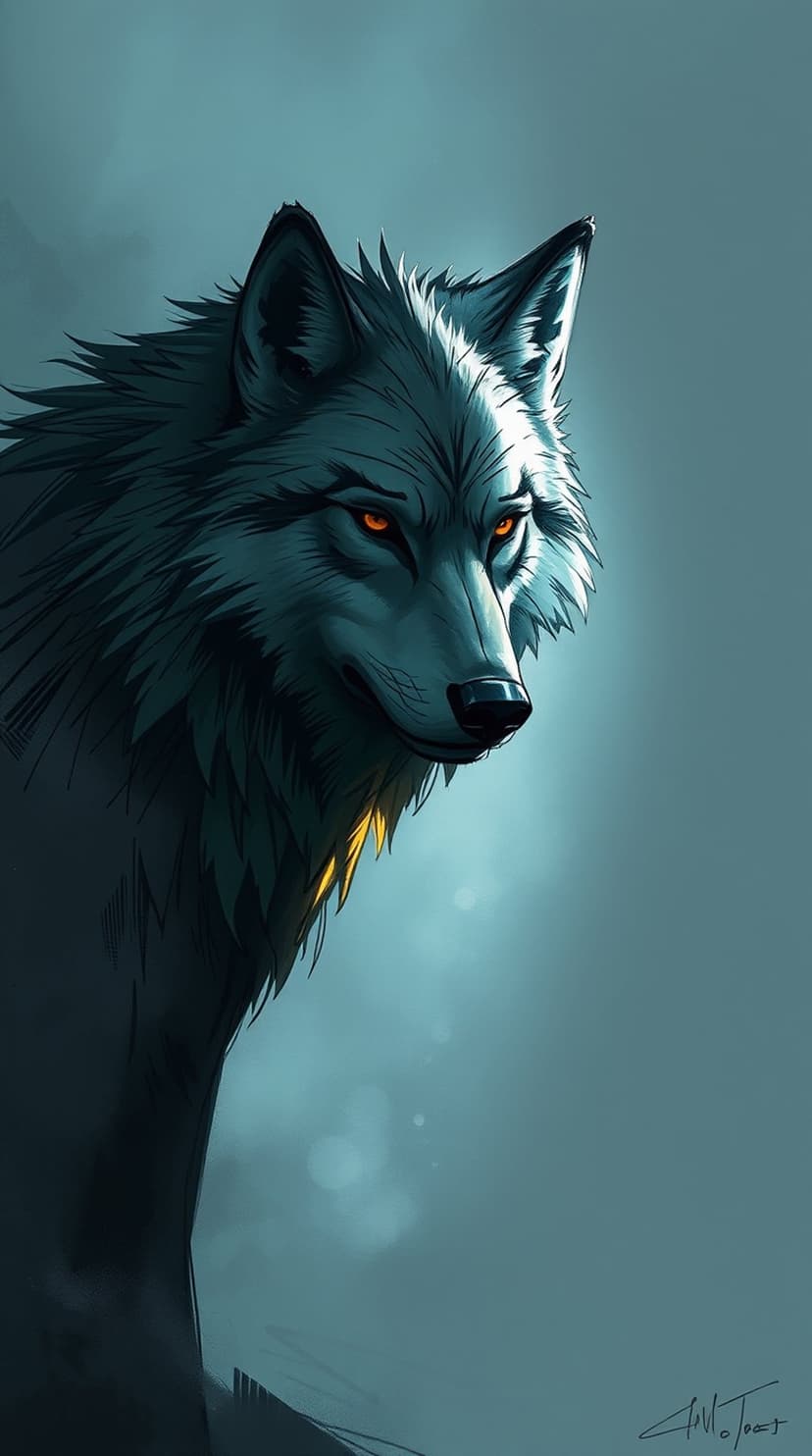 Wolf head with radiant orange eyes and detailed gray fur set against a dark blue-gray background with a neck glow.
