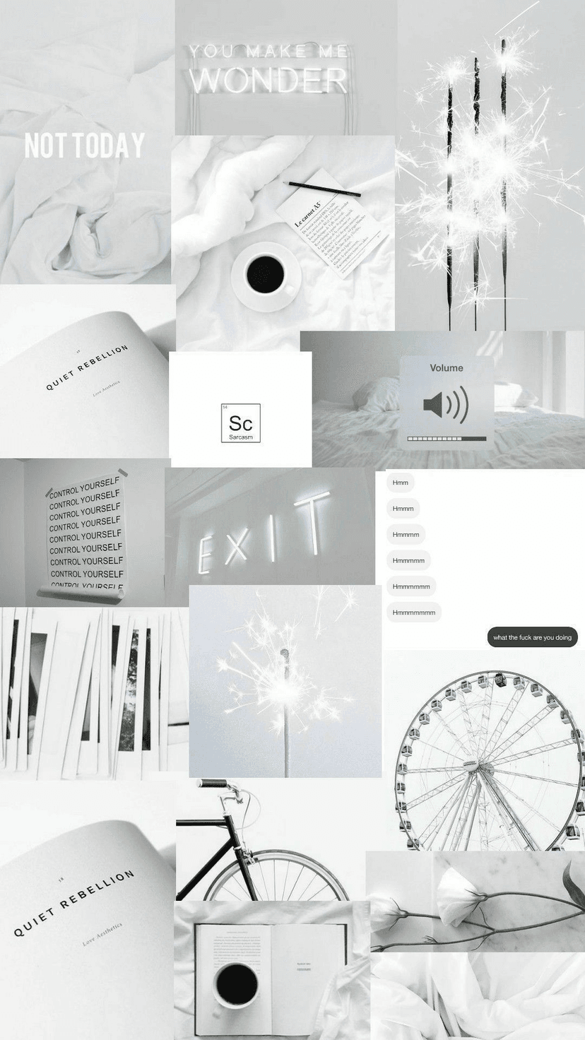 White collage featuring a neon sign, steaming coffee, a bicycle, and sparklers on a bright, minimalist background.